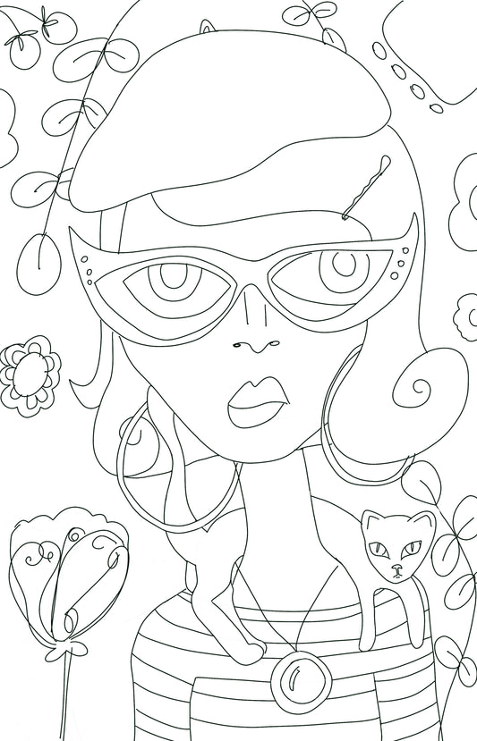 Parisian Girl with Cat Digital Coloring Page for ProCreate